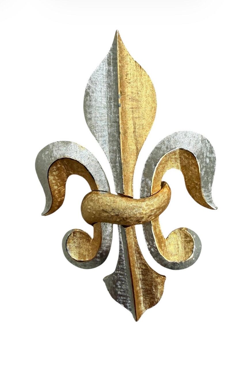 Marvella Vintage Fleur de Lis Brooch Gold Silver Tone Textured 3”